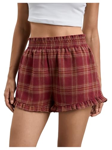Image of MakeMeChic Women's Gingham Ruffle Lounge Shorts Elastic High Waist Pajamas Boxer Shorts