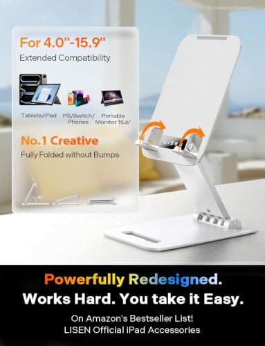 Image of LISEN for iPad Stand Adjustable Tablet Holder Desk, iPad Accessories White | Foldable Home Office Desk Accessories Travel for iPad Holder Dorm College Essentials Fits Ebooks Kindle 4-15.9 inch