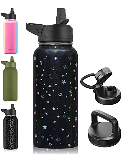 Civago 32 Oz Insulated Water Bottle With Straw, Stainless Steel Sports Water Flask Cup With 3 Lids (Straw, Portable Spout And Handle Lid), Double Walled Travel Thermo Canteen Mug, Star Glitter #TOP26