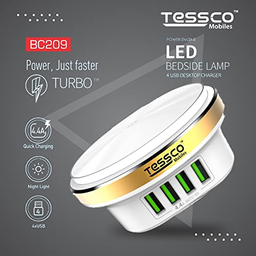 Image of (Tessco BC-209) 4 Port Multi USB Wall Charger Hub (22 W / 4.4A) with Auto-ID & Night Light - Compatible with Smartphones, Tablets, Camera, Accessories - White