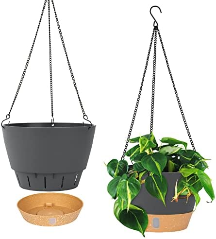 QCQHDU 2 Pack Hanging Planters Set,10 Inch Indoor Outdoor Hanging Plant Pot Basket,Hanging Flower Pot with Drainage Hole with 3 Hooks for Garden Home(Grey)