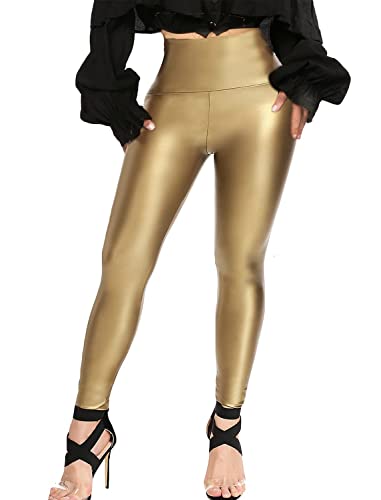 RIOJOY Womens Faux Leather Pants High Waist PU Butt Lifting Pleather Pants Stretchy Booty Sexy Leather Leggings Push Up Tummy Control Fashion Dreesy Latex Tights Motorcycle Outfits (Class Gold L)