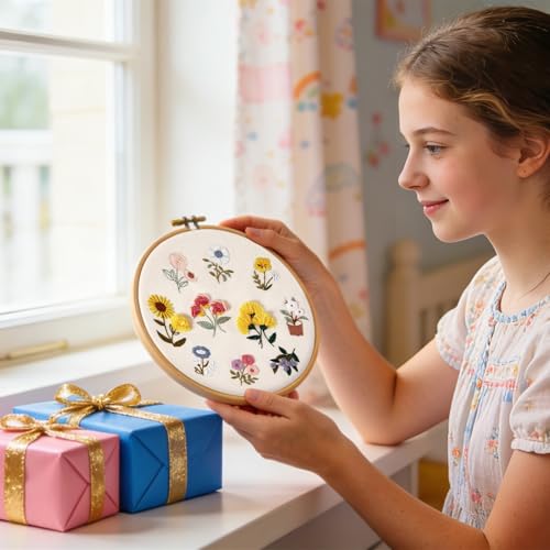 Image of Embroidery Kit for Beginners Adults, Cute Flowers Embroidery Starter Kits, Floral Stamped Cross Stitch Kits for Beginner Adults Craft Kits for Women, Entire Set of Embroidery Supplies & Video Tutorial