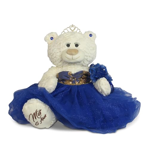 KINNEX COLLECTIONS SINCE 1997 Large 20” Quinceañera Teddy Bear Centerpiece – Elegant Dress, Oversized Keepsake Gift for 15 Años, OSO Quinceañera Decoración B16631-15G (Royal Blue)