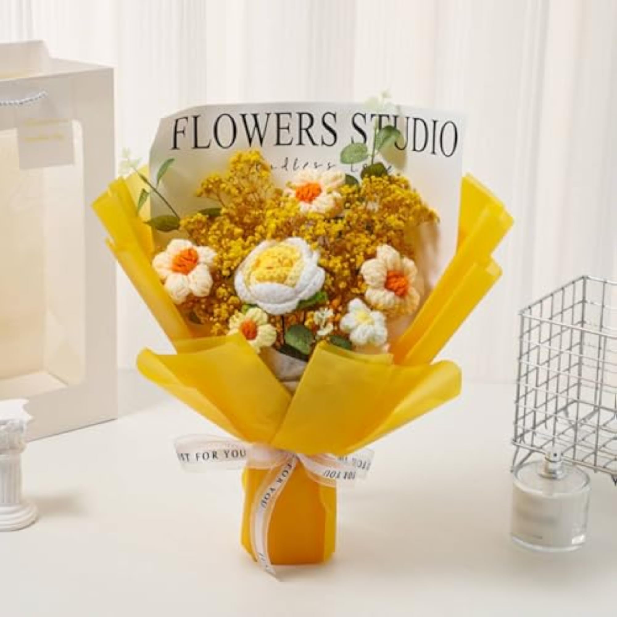 Handmade Knitted Flower Arrangement, Romantic Gift, Blue