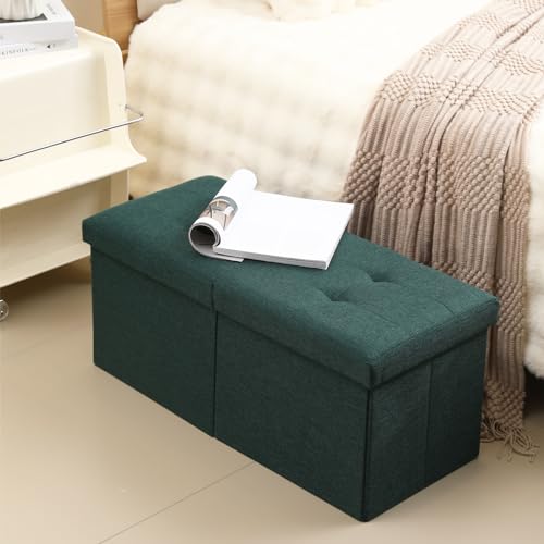 Image of Storage Ottoman Bench Foldable Footrest Foot Stool, 30 inch Fabric Green | Small Ottoman Foot Rest Seat Shoe Bench Flip-Top forliving Room End of Bed Bedroom Couch Dorm, 80L Folding Upholstered Chair