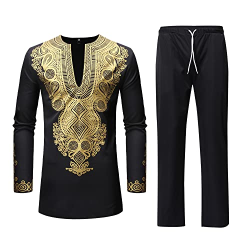 African Mens Clothing Dashiki Shirts and Pants for Men Traditional African Clothing Gold Print Pattern