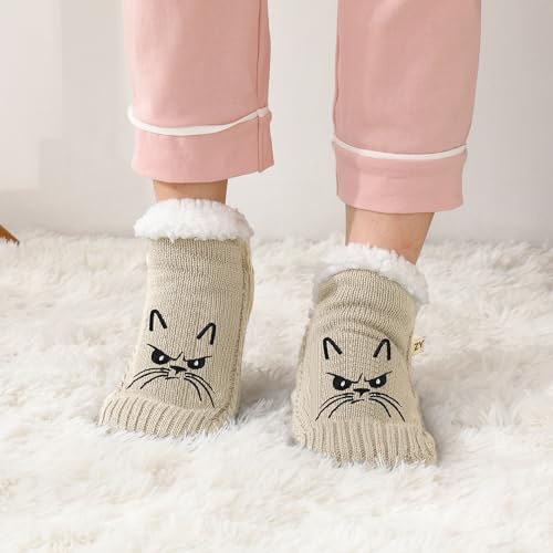 Image of ZYZX Cute Cat Slipper Socks for Women with Grips,Fuzzy Socks Indoor