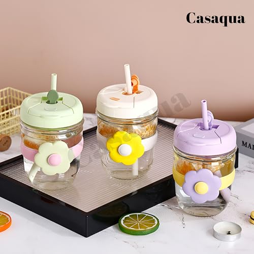 Image of Glass Tumbler with Lid & Straw - 300ml, Set of 1, Cute Daisy Glass Cup with Silicone Sleeve, Leakproof Reusable Drinking Glass for Iced Coffee, Juice, Milk, Smoothies & Tea, Travel Sipper Cup