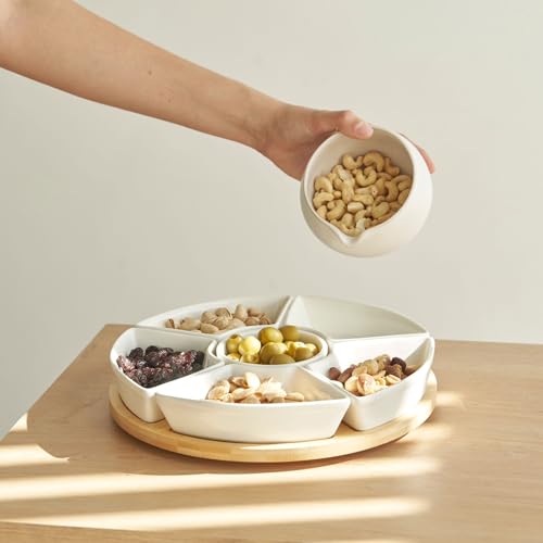 Vencier Lazy Susan Rotating, Revolving Dip Set Snack Bowl Serving Platter with 6 Ceramic Dishes Dips, Snacks & Appetisers - Image 4