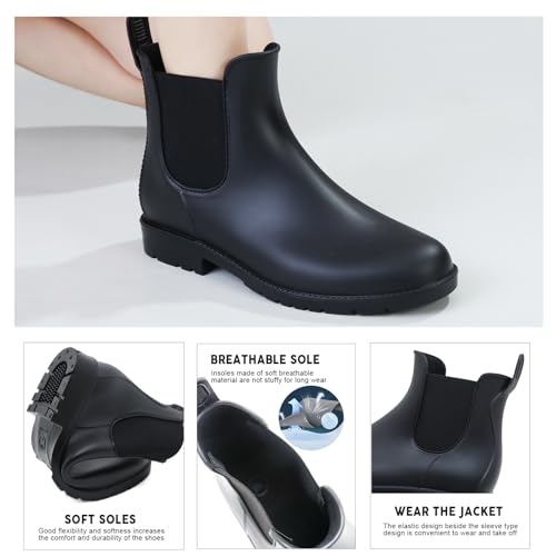 Acfoda Gummistiefel Damen Kurzschaft Regenstiefel Wasserdicht Lack Regenschuhe Frauen Gummistiefeletten Ankle Chelsea Boots mit Blockabsatz Schwarz Gr.39