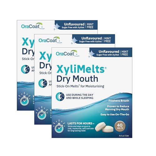 OraCoat XyliMelts Dry Mouth Relief Moisturizing Oral Adhering Discs Slightly Sweet with Xylitol For Dry Mouth, Stimulates Saliva, Non-Acidic, Day & Night Use, Time Release for up to 8 Hours, 120 Count