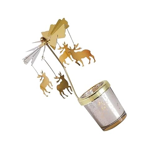Holibanna Rotating Candlestick Holder Christmas Carousel Spinning Deer Tea Light Holder Table Decoration (Gold) Cover