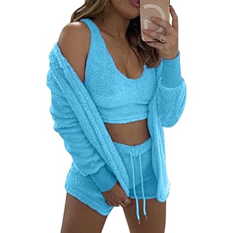 Minetom Winter Frühling Pyjamas Damen Dreiteilig Ensembles De Pyjama Warm Coral Fleece Samt Nachtwäsche Kapuzenpullover Jacke Crop Tank Top Und Shorts A Blau M Cover