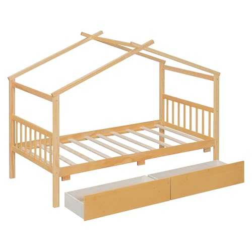 Image of HZSMHDZKJ Twin Size Wooden House Bed with Roof Frame and 2 Storage Drawers, Montessori Platform Bed with Headboard and Slat Support for Kids Teens Girls Boys, No Box Spring Needed (Natural-04, Twin)