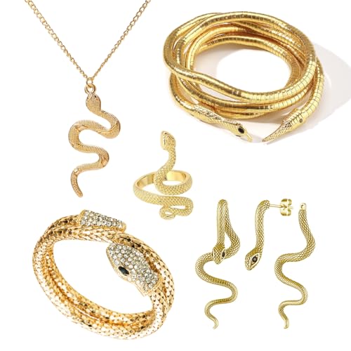 Snake Jewelry Set for Women Snake Bracelet Pendant Necklace Earrings and Ring Set Halloween Party Accessory