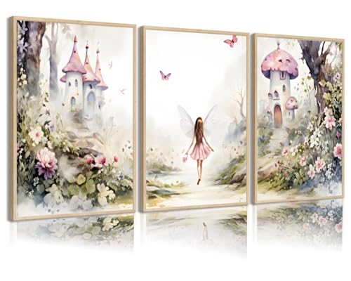 Image of 3 Pcs Fairy Garden Canvas Wall Art Flower Fairy Posters Prints mushroom castle Painting Pictures Enchanted forest Wall Decor for Living Room Bedroom Girls Room Nursery Decoration Unframed