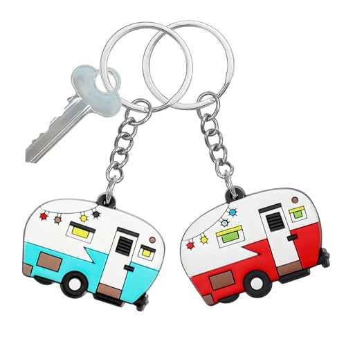 Image of Thinp 2 Pieces Camper Keychain, RV Camper Keyring Accessories for Travel Trailers Enameled Metal Retro Camping Car Keychain