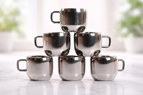 Image of Stainless Steel Tea Cups Set of 12 with Handle | Mirror Finish Chai Cups | 90ml Tea & Coffee Serving Cups | Rust Resistant | Double wall Apple Shaped (Silver)
