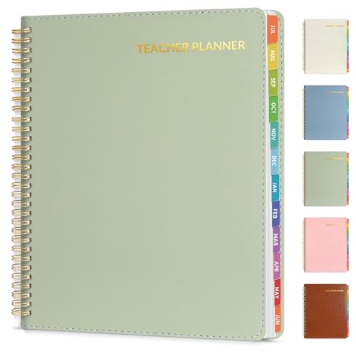 SUNEE Teacher Planner 2026-2027 Academic Year with 7 Periods Jul 2026 - Jun 2027 Lesson Planner Book 8.5x11 School Agenda with Subjects Teacher Calendar with Vegan Leather Cover Color Tabs Green