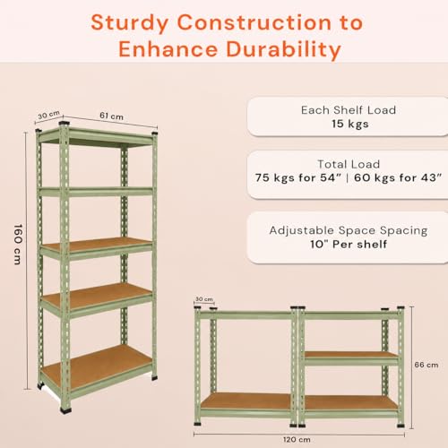 Image of BonKaso Adjustable 5-Shelf Metal Storage Rack | Heavy-Duty Steel Boltless Rivet Utility Shelving Unit for Garage, Kitchen & Office | 54 Inches Height (54 x 24 x 12 in) - Olive Green