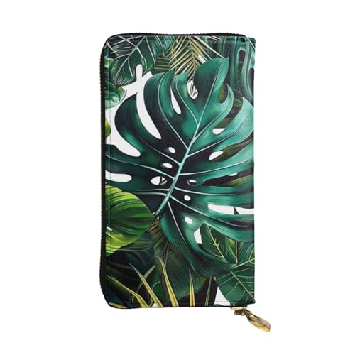 Portefeuille en cuir femme imprimé feuilles tropicales noir avec fermeture éclair pratique