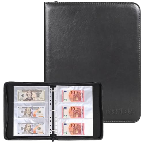 Currency Album with 180 Pockets - WITHYU Expandable 3-Ring Binder Currency Organizer with Clear Non-PVC Sleeves for Banknotes Bills Tickets and Collectibles (Black)