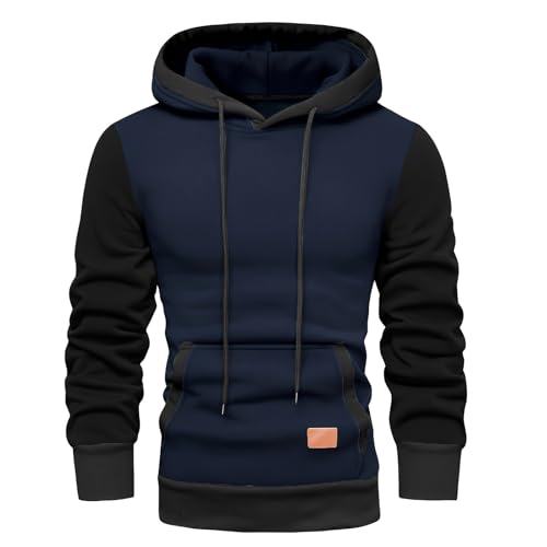 Wankang Mens Fleece Hoodies Color Matching Hoodie Pullover Fashion Patchwork Hooded Sweatshirt Drawstring Sweater with Pocket