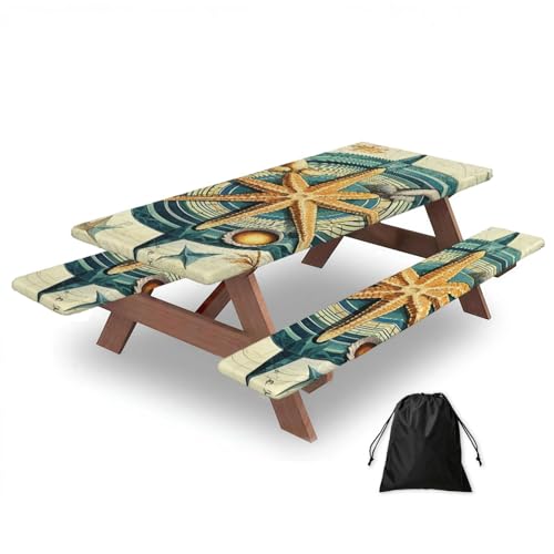 Brújula náutica de 3 piezas para mesa de camping con protectores de banco, diseño retro de estrella de mar, elástica, impermeable, rectangular, para comedor al aire libre, con bolsa de almacenamiento