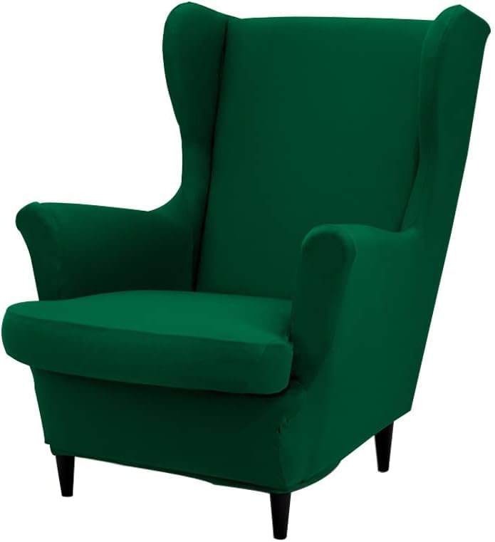 YeGang Wingback Chair Covers 2 Piece Stretch Wing Chair Slipcover, Solid Color Washable Spandex Fabric Sofa Cover Furniture Protector for Armchair Chairs Hotel Living Room Bedroom (Green)