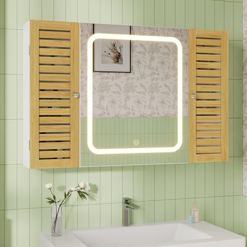 FORABAMB Badezimmer spiegelschrank mit LED-Beleuchtung & Steckdose, Badezimmerschrank mit 2 Bambustür & Verstellbarer Ablage, Spiegelschrank Bad mit HD-Spiegel, Berührung Sensorschalter, 90×16×60 cm