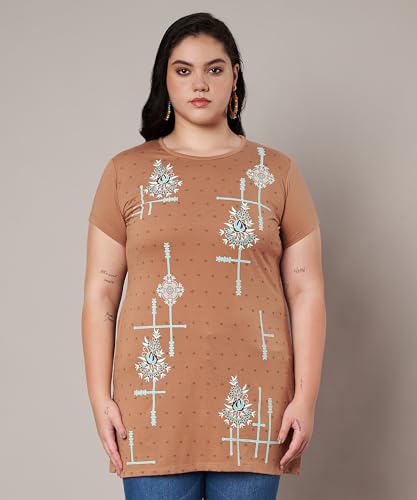 Image of Women Printed Cotton Tshirt with Side Slits & Pocket