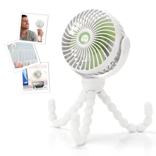 Image of snawowo Upgraded Portable Baby Stroller Fan, 360°Rotate Rechargeable Mini Clip on Fan with Flexible Tripod for Stroller Treadmill Crib Car Seat Travel, 4000mAh Battery Powered Handheld (White)