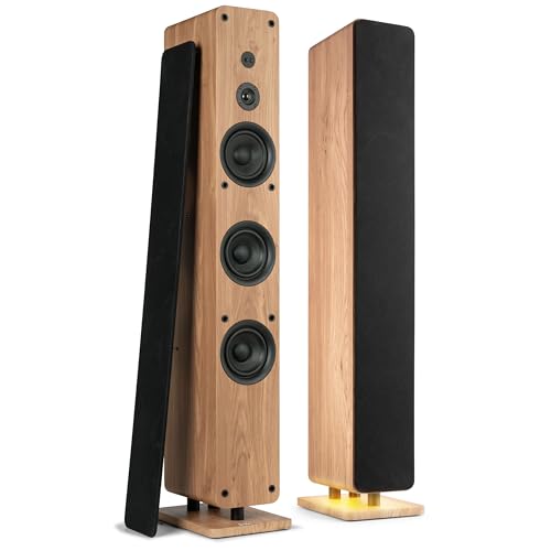 Audizio Arco – Pack de 2 Altavoces Bluetooth potentes de Torre con Amplificador Incorporado de 160W, Entrada óptica, USB, Luz LED, Compatible con TV, proyectores y Tocadiscos – Color Madera Clara