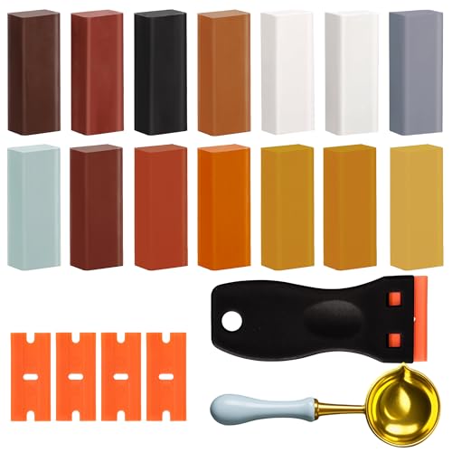 Hartwachs Reparaturset, 14 Farben Laminat Reparaturset, Parkett Reparaturset mit Schaber, Laminat Reparatur zum Reparieren von Kratzern, Schäden oder Löchern, Geeignet für Holz, Fliesen und Böden