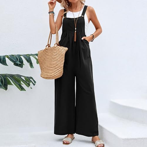 Black Linen Jumpsuits for Women Wide Leg Sleeveless Spaghetti Strap Overalls Bohemian One Piece Jumpsuit Loose Cotton Work Rompers with Pockets Casual Bib Overalls Summer Clothes for Women 2025