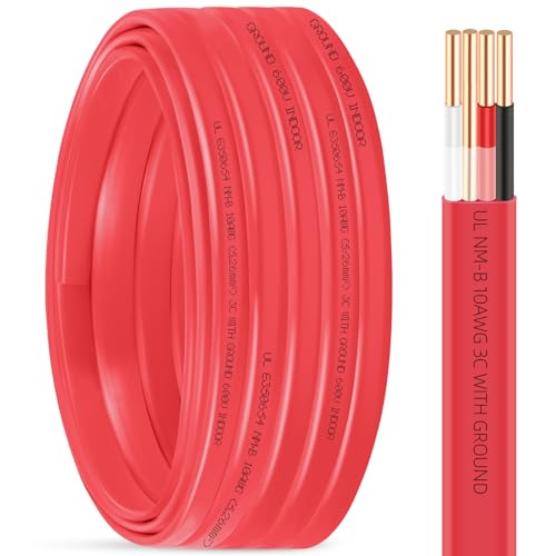 NM-B 10/3 Wire with Ground 50ft 10 AWG Copper Wire 10 Gauge 3 Conductor with Ground Non-Metallic Sheathed NM-B Cable 10/3 Solid Indoor Residential Wiring for Branch Circuit Switches Outlets Other Load