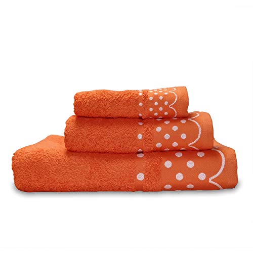 briebe Home Juego de Toallas Baño 100% algodón Rizo 450gr, Set 3 Piezas, Polka Dots, 3 tamaños Ducha Sábana, Manos, Tocador, Cenefa Lunares Bordada, Hecho en Portugal (Naranja Fuerte)