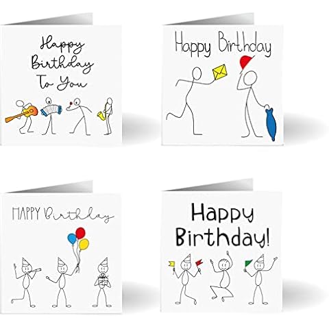 Pack of 8 Contemporary Greeting Cards & Envelopes. Made in UK. (Birthday Stick Man) Cover
