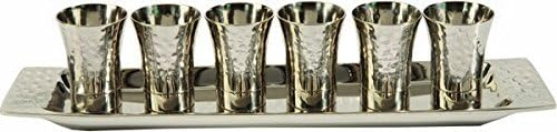 EMANUEL Yair Set of 6 Kiddush Cups with Tray - Nickel Hammer work Silver