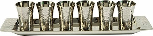 Yair Emanuel Set of 6 Kiddush Cups with Tray - Nickel Hammer work Silver