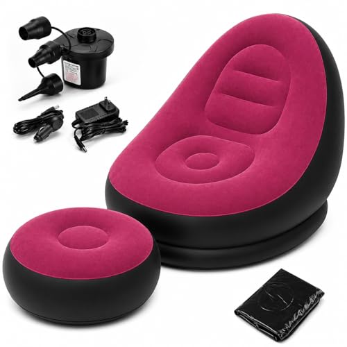 Image of Inflatable Lounge Chair for Adults with Ottoman, Foldable Air Sofa Couch, Portable Blow Up Chair for Living Room Bedroom, Comfortable Indoor Seating, 150 kg Capacity (Red)