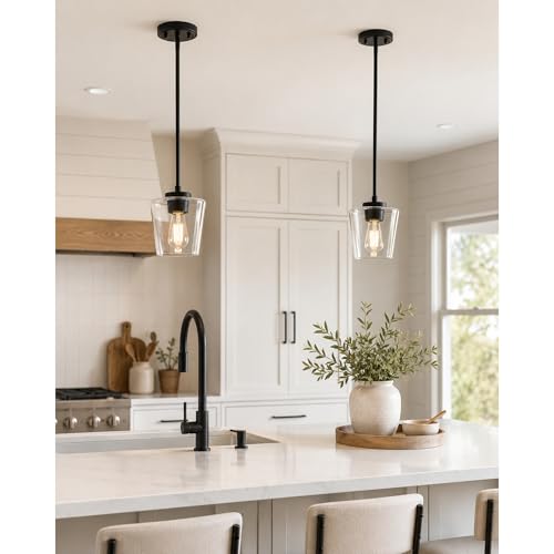 Image of 2-Pack Black Pendant Lights Kitchen Island, 6 inch Clear Glass Shade