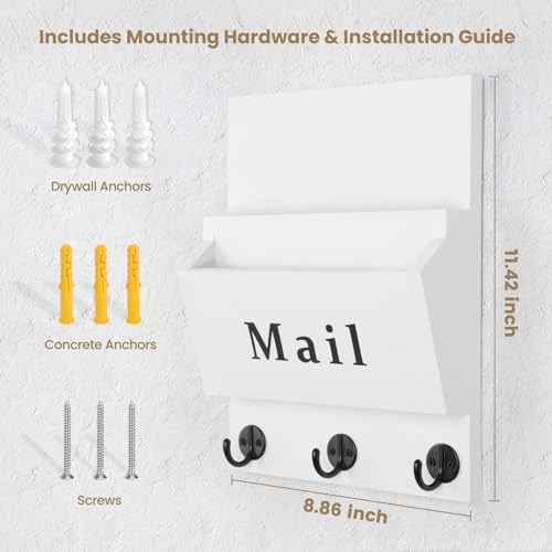 Mail-and-Key-Holder-Wall-Key-Holder-with-2-Mail-Organizer-Slot-and-3-Hooks-Decorative-886-x-1142-Mail-Holder-Real-Paulownia-Wood-with-Keyhole-Brackets-Hardware-and-Instructions