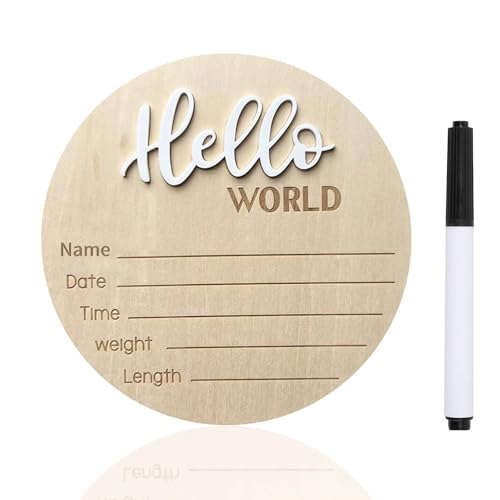 Image of Baby Announcement Sign, ​5.9 Inch Wooden Hello World Newborn Signs, Birth Announcement Sign, Baby Shower Hospital Nursery for Newborn Boys and Girls (White,Pen)