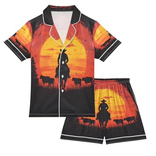 ALAZA Cowboy Herd Sunset Satin Pajamas Set Short Sleeve Button Down Sleepwear Summer Pjs 2 Piece