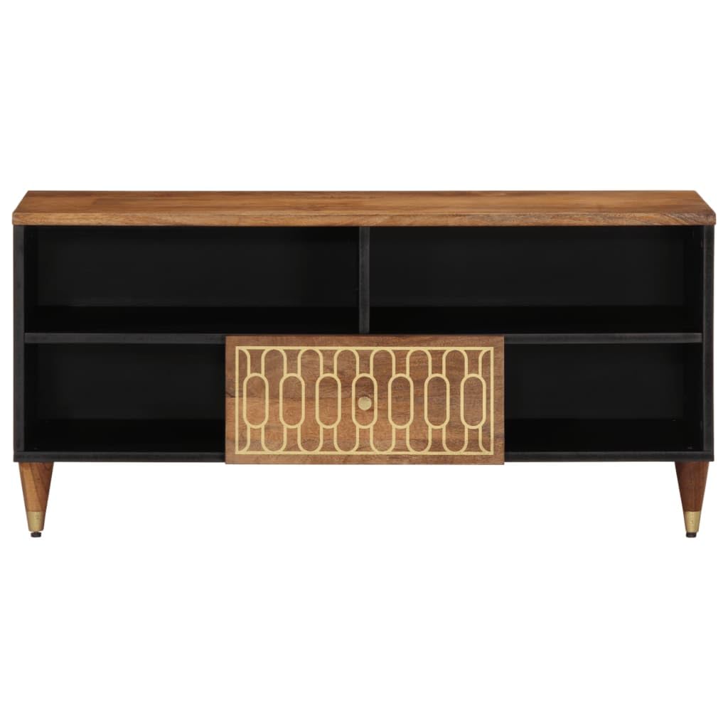 TV-Schrank 100x33x46 cm, Massivholz Mango, handgeschnitzt, Honigbraun, stabil, für Wohnzimmer, Media Center, langlebiges TV-Möbel