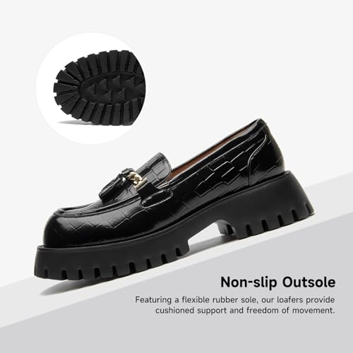 Image of BEAU TODAY Chunky Loafers for Women,Womens Platform Loafer Shoes,Chunky Heel Lug Sole Slip-on Metal Chain Shoes,Comfort Round Toe Business Work Office Shoes