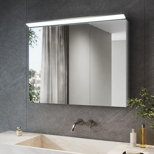 SONNI Spiegelschrank Bad mit Beleuchtung 80 x 60 cm, Edelstahl Medizinschrank IP44 Wasserciht, Spiegelleuchte mit Kaltweißem Licht und Wandschalter für Badezimmer