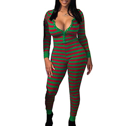 Women Striped One Piece Pajama Union Suit Underwear Set Long Sleeve Romper Jumpsuit Sleepwear (A Green, M)